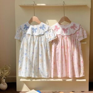 Kids Toddler Girls Casual Cute Bow Tiny Flower Print Short Sleeve Dress