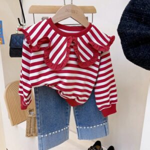 Kids Toddler Girls Casual Cute Stripe Long Sleeve Sweatshirts Jeans Sets