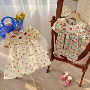 Kids Toddler Girls Casual Cute Strawberry Cherry Print Short Sleeve Dress