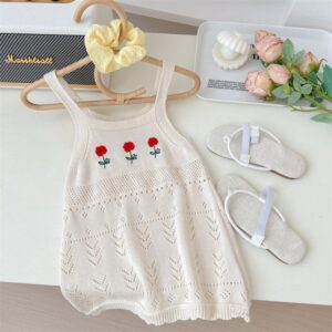 Girls Summer Knitted Cotton Floral Hollow Out Camisole Dress