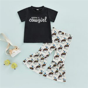 Kids Toddler Girls Cute Alphabet Print Short Sleeve T-Shirt Flare Trousers Sets