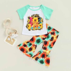 Kids Toddler Girls Cute Print Short Sleeve T-Shirt Flare Trousers Sets