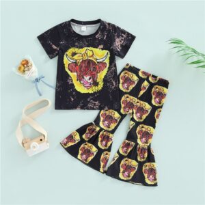Kids Toddler Girls Cute Print Short Sleeve T-Shirt Flare Trousers Sets
