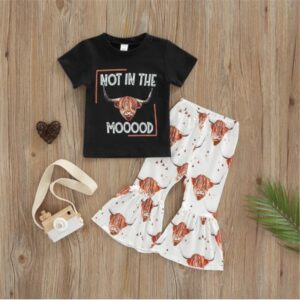 Kids Toddler Girls Casual Cute Letter Print Short Sleeve T-Shirt Flare Trousers Sets