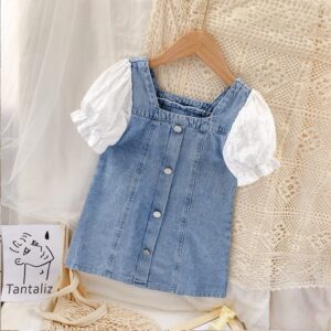 Girls Fashion Single-breasted Design Denim Spliced Dress