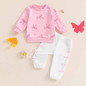 Kids Toddler Girls Casual Cute Bow Print Long Sleeve Sweatshirts Pants Sets