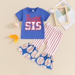 Kids Toddler Girls Casual Cute Alphabet Baseball Print Short Sleeve T-Shirt Flare Trousers Sets
