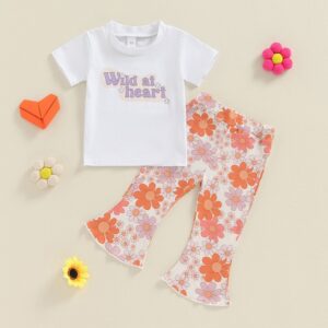 Kids Toddler Girls Casual Cute Alphabet Flower Print Short Sleeve T-Shirt Flare Trousers Sets