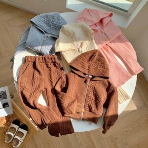 Kids Toddler Girls Spring Autumn Casual Solid Color Rib-Knit Long Sleeve Hooded Coat Trousers Sets