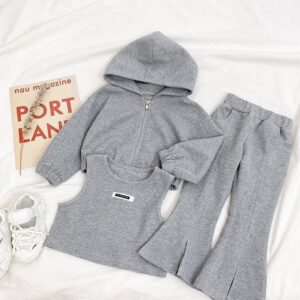 Kids Toddler Girls Spring Autumn Casual Sport Solid Color Tank Top Long Sleeve Hooded Coat Trousers Three-Piece Sets