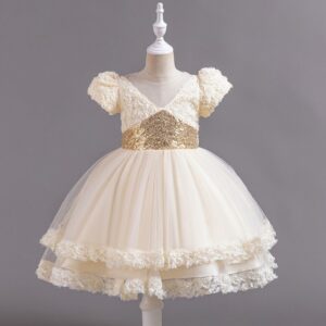 Kids Toddler Girls Fashion Flower Sequins Mesh Short Sleeved Party Tutu Dress