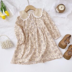 Kids Toddler Girls Casual Cute Tiny Flower Print Long Sleeve Peter Pan Collar Dress