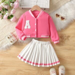 Spring And Autumn Toddler Girls Casual Letter Towel Embroidered Baseball Coat Pleated Skirt Set