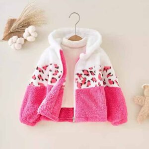 Kids Toddler Girls Autumn Winter Casual Cute Color Matching Leopard Plush Long Sleeve Hooded Coat
