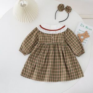 Kids Toddler Girls Casual Cute Carto Bear Plaid Print Long Sleeve Peter Pan Collar Dress