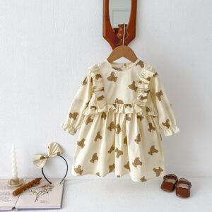 Kids Toddler Girls Casual Cute Bear Print Long Sleeve Dress