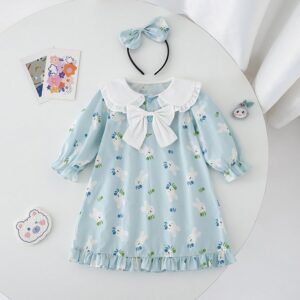 Kids Toddler Girls Casual Cute Carto Rabbit Print Bow Long Sleeve Peter Pan Collar Dress