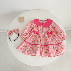 Kids Toddler Girls Casual Cute Carto Bear Plaid Print Long Sleeve Peter Pan Collar Dress