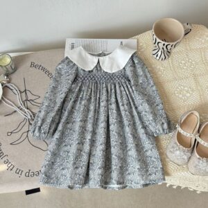 Kids Toddler Girls Casual Cute Tiny Flower Print Long Sleeve Peter Pan Collar Dress