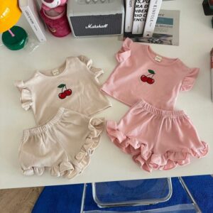 Kids Toddler Girls Casual Cute Cherry Print Short Sleeve T-Shirt Shorts Sets