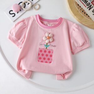 Kids Toddler Girls Casual Cute Sweet Flower Puff Sleeve Round Neck T-Shirt