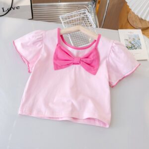 Kids Toddler Girls Casual Cute Sweet Bow Short Sleeve Round Neck T-Shirt