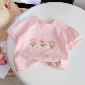 Kids Toddler Girls Casual Cute Sweet Flower Puff Sleeve Round Neck T-Shirt