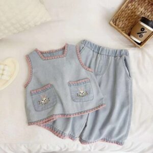 Kids Toddler Girls Casual Cute Cartoon Bunny Embroidery Denim Sleeveless Square Neck Top Pants Sets