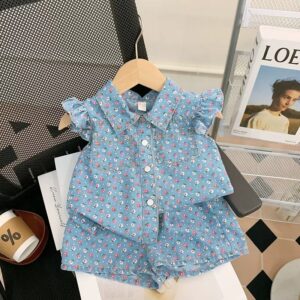 Kids Toddler Girls Casual Cute Tiny Flower Print Denim Raglan Sleeve Lapel Blouses Shorts Sets