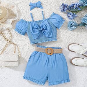 Kids Toddler Girls Casual Cute Solid Color Bow Short Sleeve Camisole Shorts Set