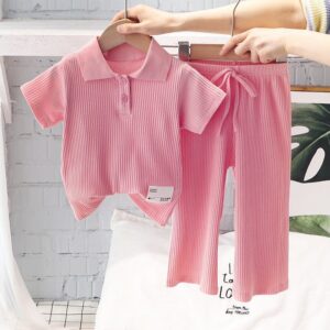 Kids Toddler Girls Casual Cute Solid Color Stripe Short Sleeve Lapel Shirt Trousers Set