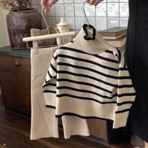 Girls Winter Fashion Stripe Two-Piece Turtleneck Sweater And Pants Set