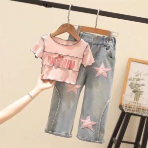Girls Fashion Five-Pointed Star Jeans Two-Piece Set
