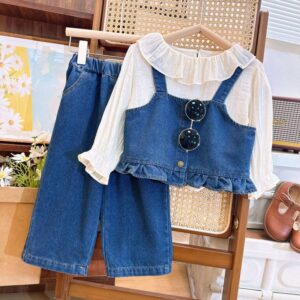 Girls Cute Lotus Collar Shirt And Jeans Three-Piece Set