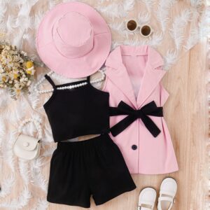Girls Fashion Camisole Leggings Lapel Sleeveless Suit Lace-Up Hat Set