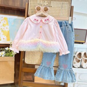 Girl Cute Embroidered Mesh Patchwork Shirt And Jeans Two-Piece Set
