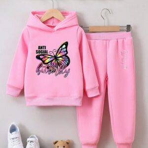 Girls Winter Fashion Butterfly Print Hoodie And Pants Fleece-Lined Warm Two-Piece Set