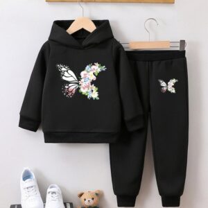 Girls Winter Fashion Butterfly Print Hoodie And Pants Fleece-Lined Warm Two-Piece Set