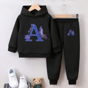 Girls Winter Fashion Letter Print Fleece-Lined Warm Hoodie And Pants Two-Piece Set