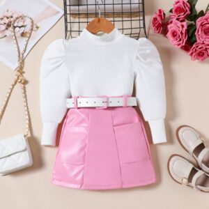 Autumn And Winter Girls Fashion Puff Sleeve Top Pu Leather Skirt Set