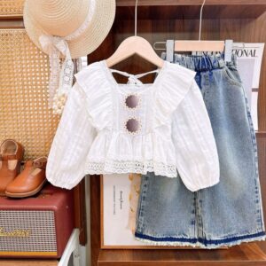 Girls Cute Puff Sleeve Shirt And Jeans Two-Piece Set