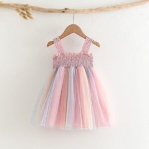 Girls Fashion Multicolor Pleated Stretch Mesh Dress