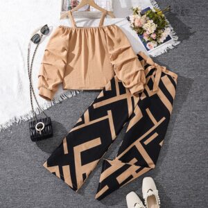 Kids Toddler Girls Spring Autumn Fashion Casual Solid Color Long Sleeve Off Shoulder Top Floral Trousers Set
