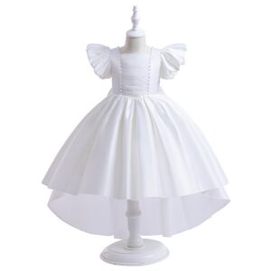 Kids Toddler Big Girls Casual Party Solid Color Mesh Bow Puff Sleeve Tutu Dress