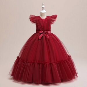 Kids Toddler Big Girls Casual Party Solid Color Mesh Bow Raglan Sleeve Tutu Dress
