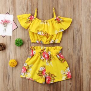 Girls Basic Ruffled Design Flower All Over Print Camisole And Elastic Shorts Set