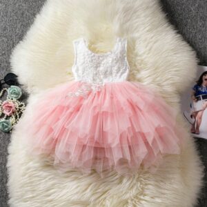 Kids Toddler Girls Fashion Party Cute Sweet Color Crochet Hollow Out Lace Pleated Sleeveless Mesh Party Tutu Dress