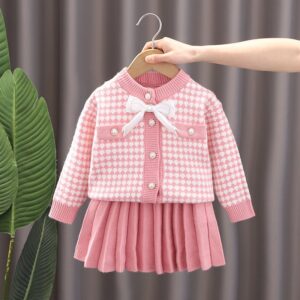 Kids Toddler Girls Casual Cute Bow Long Sleeve Cardigan Knitted Skirt Set