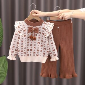 Kids Toddler Girls Casual Cute Bow Tiny Flower Long Sleeve Sweater Trousers Set