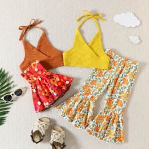Kids Toddler Girls Casual Cute Solid Color Sleeveless Camisole Tiny Flower Flare Trousers Set
